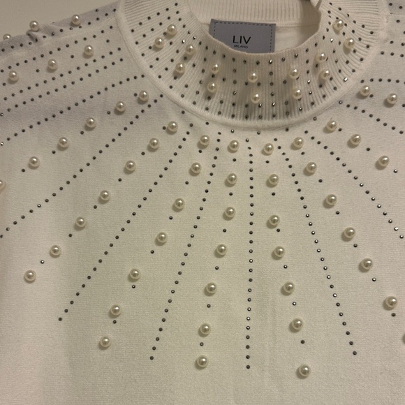 LIV Milano Pearl & Rhinestone Starburst Sweater - Ivory Mock Neck #QuietLuxury - Picture 2 of 8